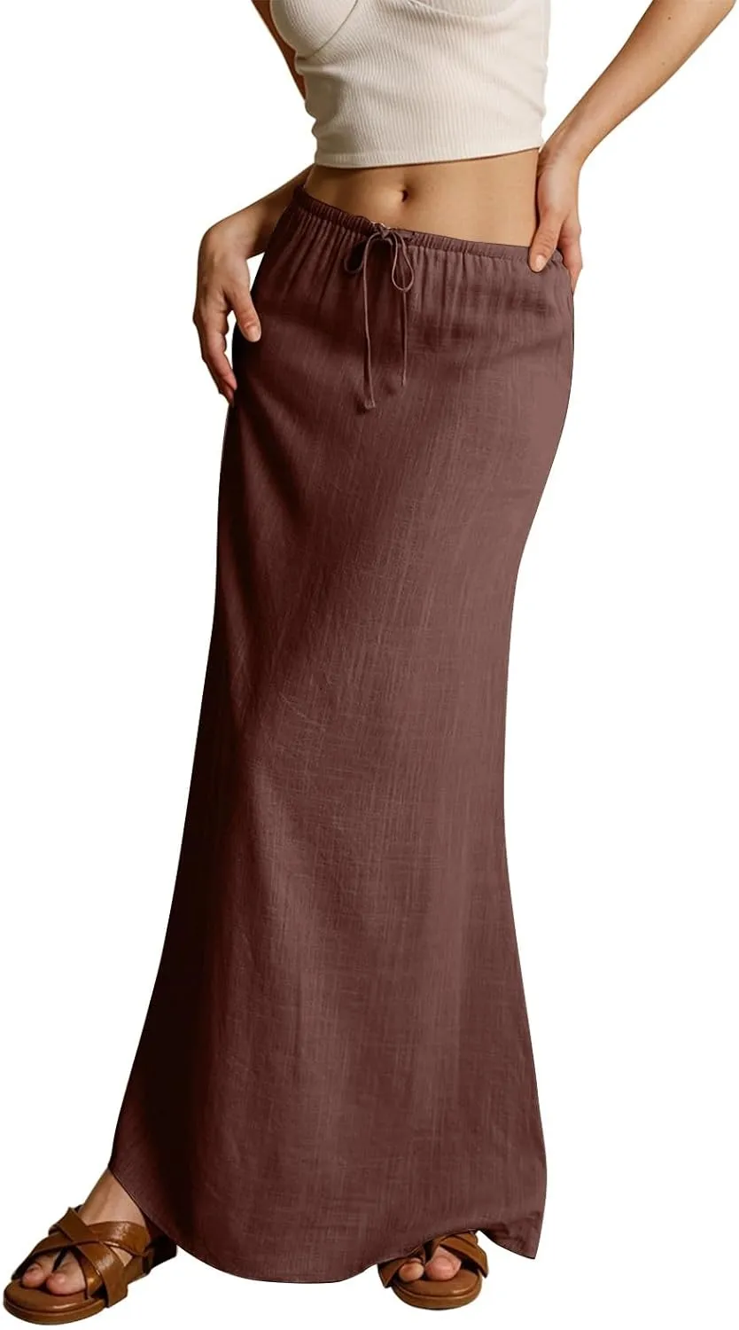 Long Skirts for Women Trendy Summer Flowy Skirts Womens Linen Maxi Skirt with Slit Drawstring Low Rise Plus Size