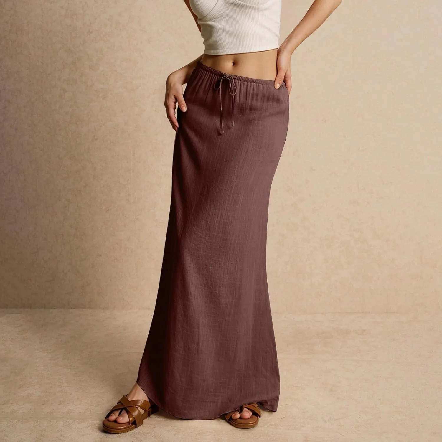 Long Skirts for Women Trendy Summer Flowy Skirts Womens Linen Maxi Skirt with Slit Drawstring Low Rise Plus Size