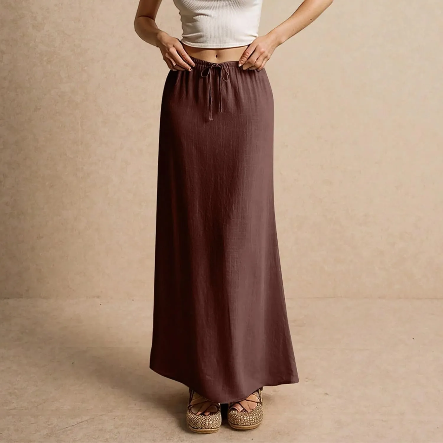 Long Skirts for Women Trendy Summer Flowy Skirts Womens Linen Maxi Skirt with Slit Drawstring Low Rise Plus Size