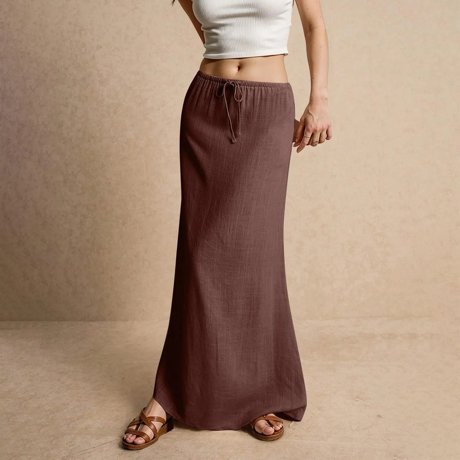 Long Skirts for Women Trendy Summer Flowy Skirts Womens Linen Maxi Skirt with Slit Drawstring Low Rise Plus Size