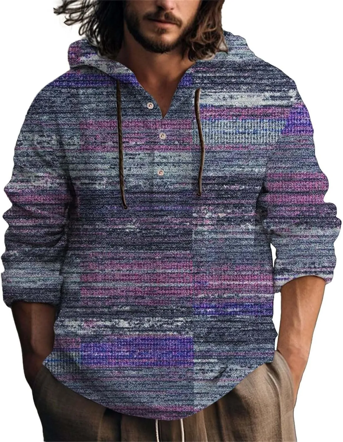 Men's Cotton Linen Sweatshirts with Hood Casual Half Button V Neck Long Sleeve Hooded Shirt Tops Hippie Pullover