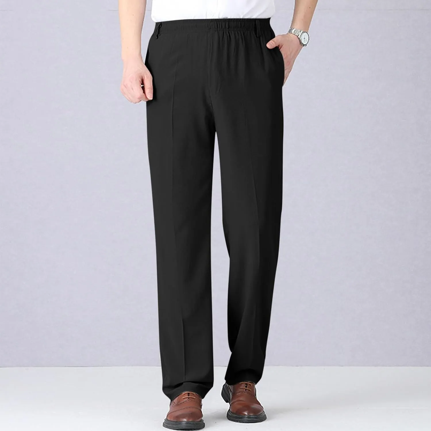 Mens Dress Pants Straight Leg Suit Pants Classic Flat Front Work Pants Casual Business Non-lron Pants Elastic Waist