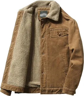 Men's Fleece Sherpa Lined Corduroy Trucker Jacket Warm Thickened Winter Coats Vintage Denim Lapel Button Coats