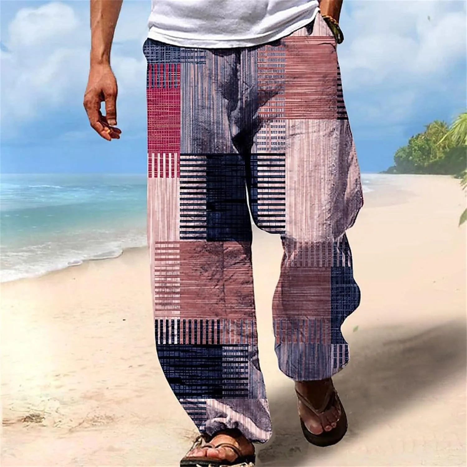 Mens Linen Beach Pants Big and Tall Casual Vacation Print Pants Loose Fit Straight-Legs Lightweight Trousers Streetwear