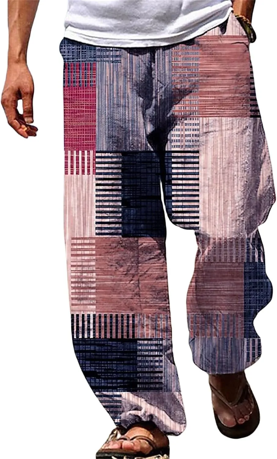 Mens Linen Beach Pants Big and Tall Casual Vacation Print Pants Loose Fit Straight-Legs Lightweight Trousers Streetwear