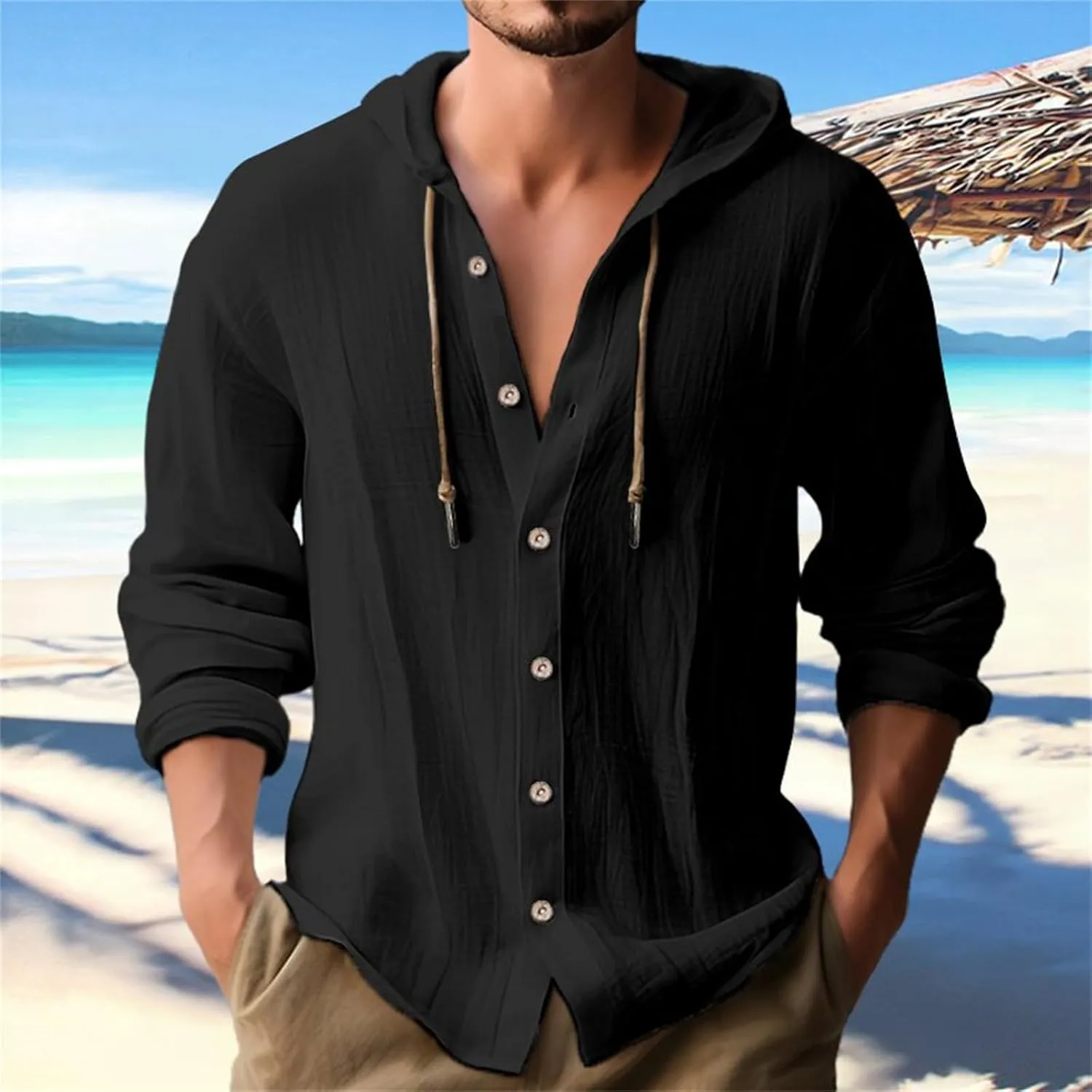 Men's Linen Casual Henley Shirts with Hood Lightweight Button V Neck Long Sleeve Hooded Sweatshirts Hippie Blouse