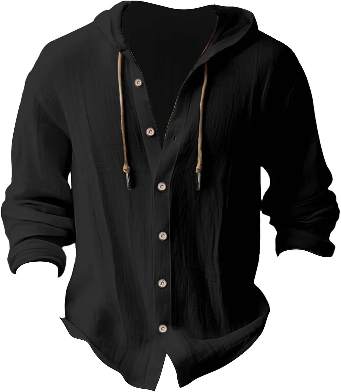 Men's Linen Casual Henley Shirts with Hood Lightweight Button V Neck Long Sleeve Hooded Sweatshirts Hippie Blouse