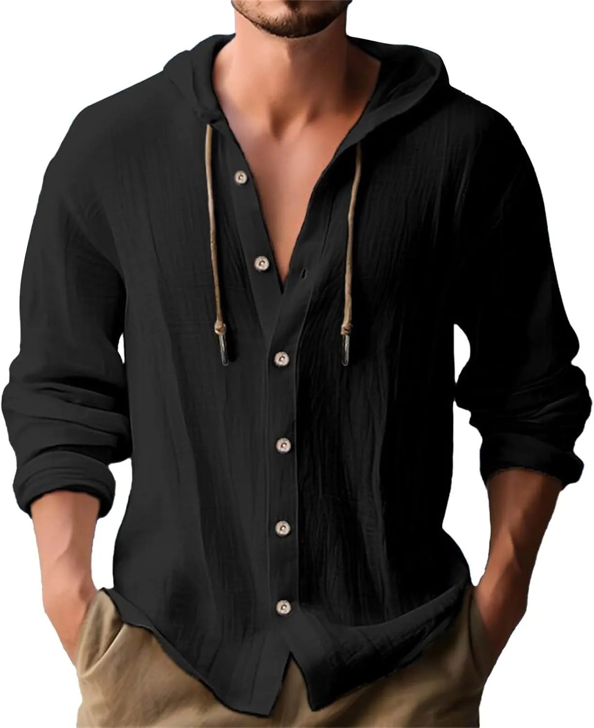 Men's Linen Casual Henley Shirts with Hood Lightweight Button V Neck Long Sleeve Hooded Sweatshirts Hippie Blouse