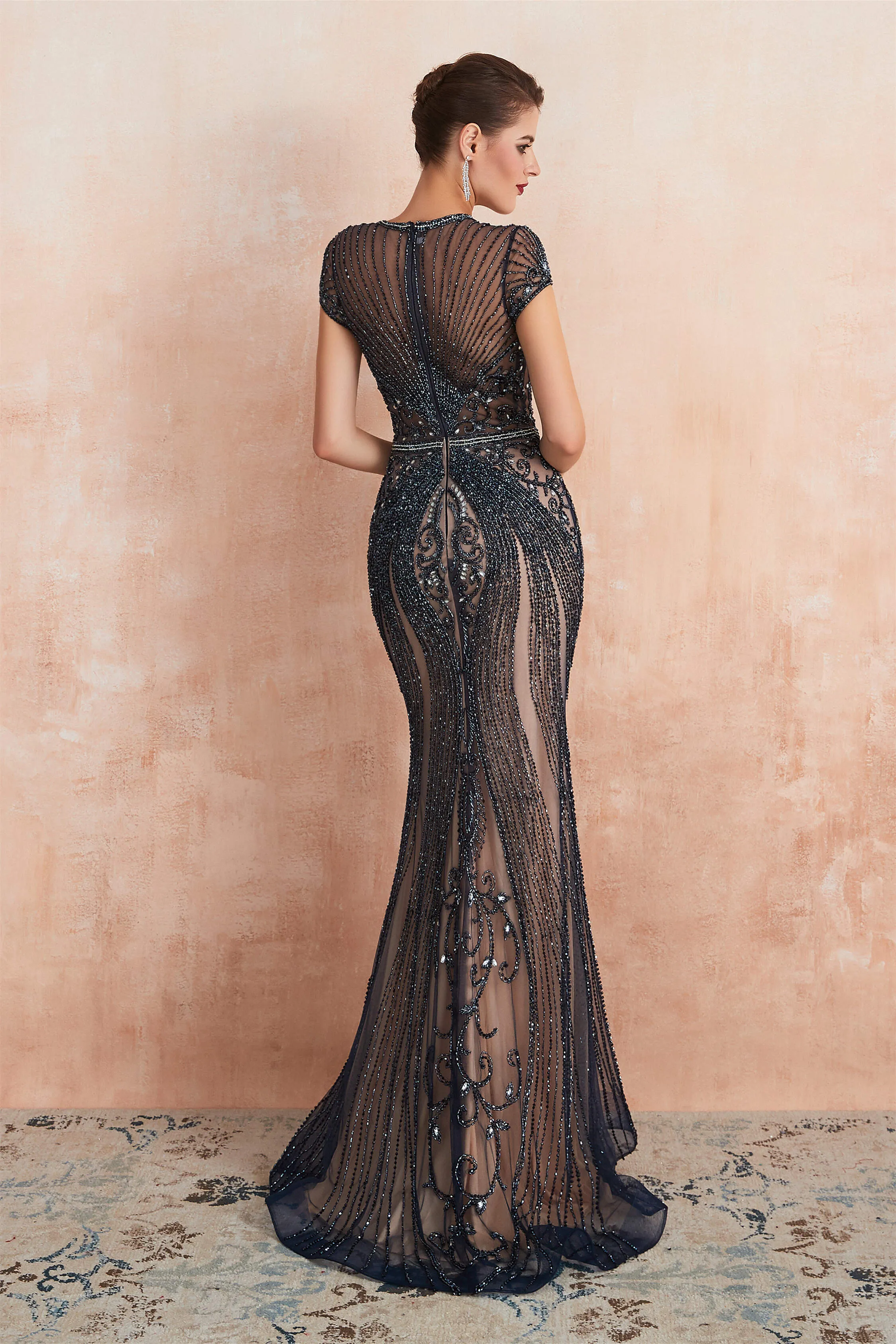 Mermaid Round Neck Long Prom Dresses with Crystal Beading