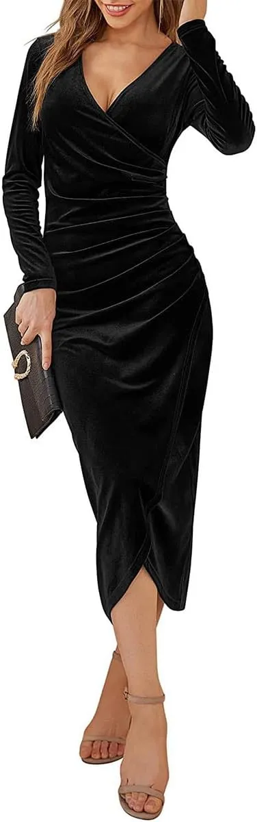 OBEEII Womens Velvet Dress Long Sleeve V Neck Ruched Bodycon Wrap Dress Evening Party Wedding Guest Formal Long Dresses