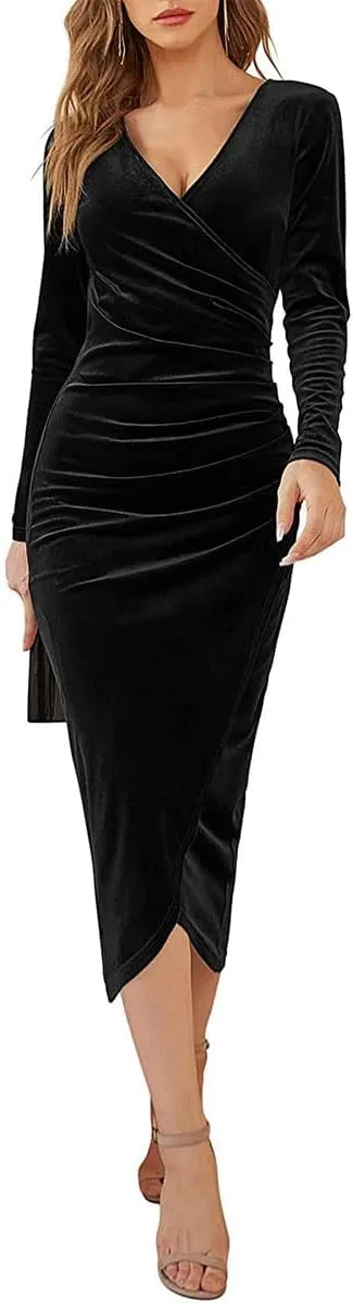 OBEEII Womens Velvet Dress Long Sleeve V Neck Ruched Bodycon Wrap Dress Evening Party Wedding Guest Formal Long Dresses