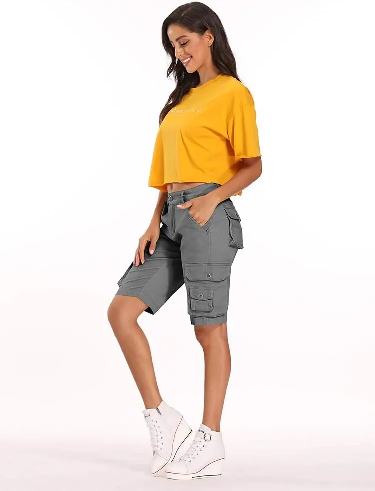 OCHENTA Women's Casual Multi-Pockets Bermuda Cargo Shorts Camo Knee Length Summer Hiking Shorts