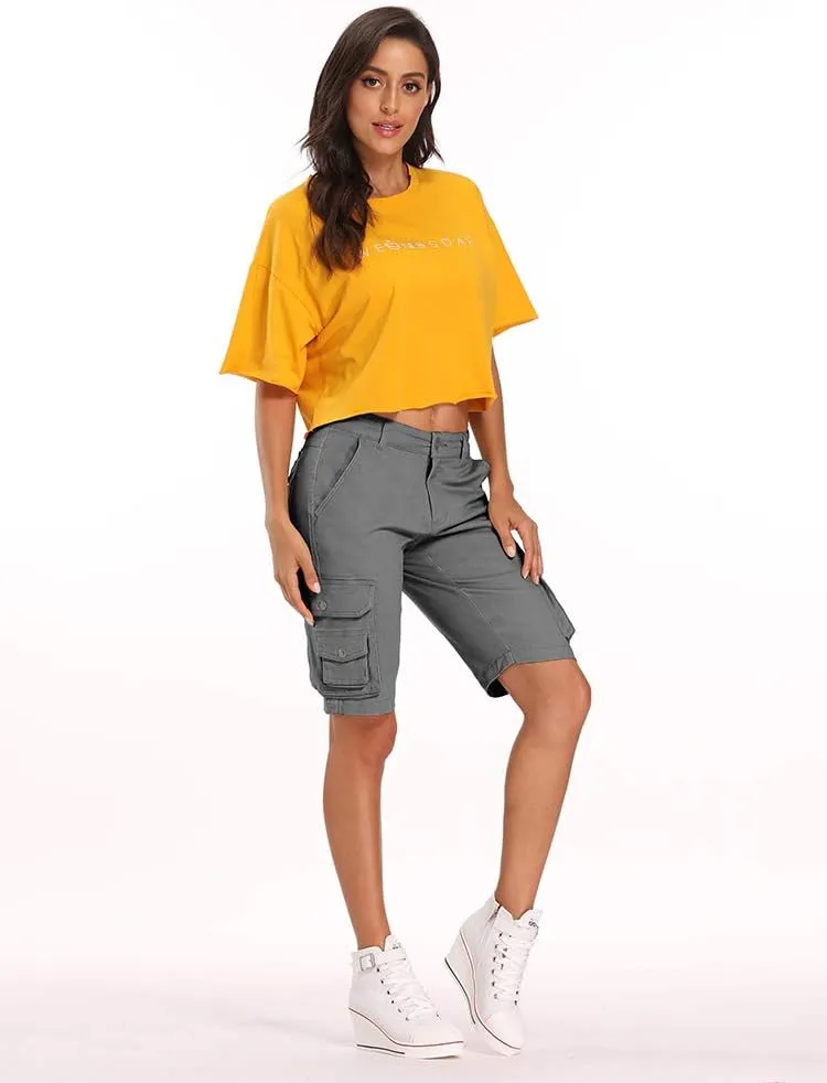 OCHENTA Women's Casual Multi-Pockets Bermuda Cargo Shorts Camo Knee Length Summer Hiking Shorts