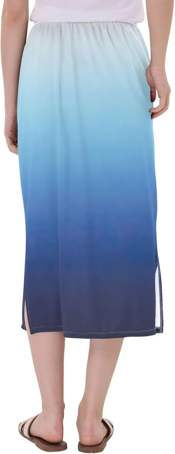 Ombre Blue Midi Skirt Slit Womens Floral Mid Calf Skirt High Waist Stretch Summer Skirt S