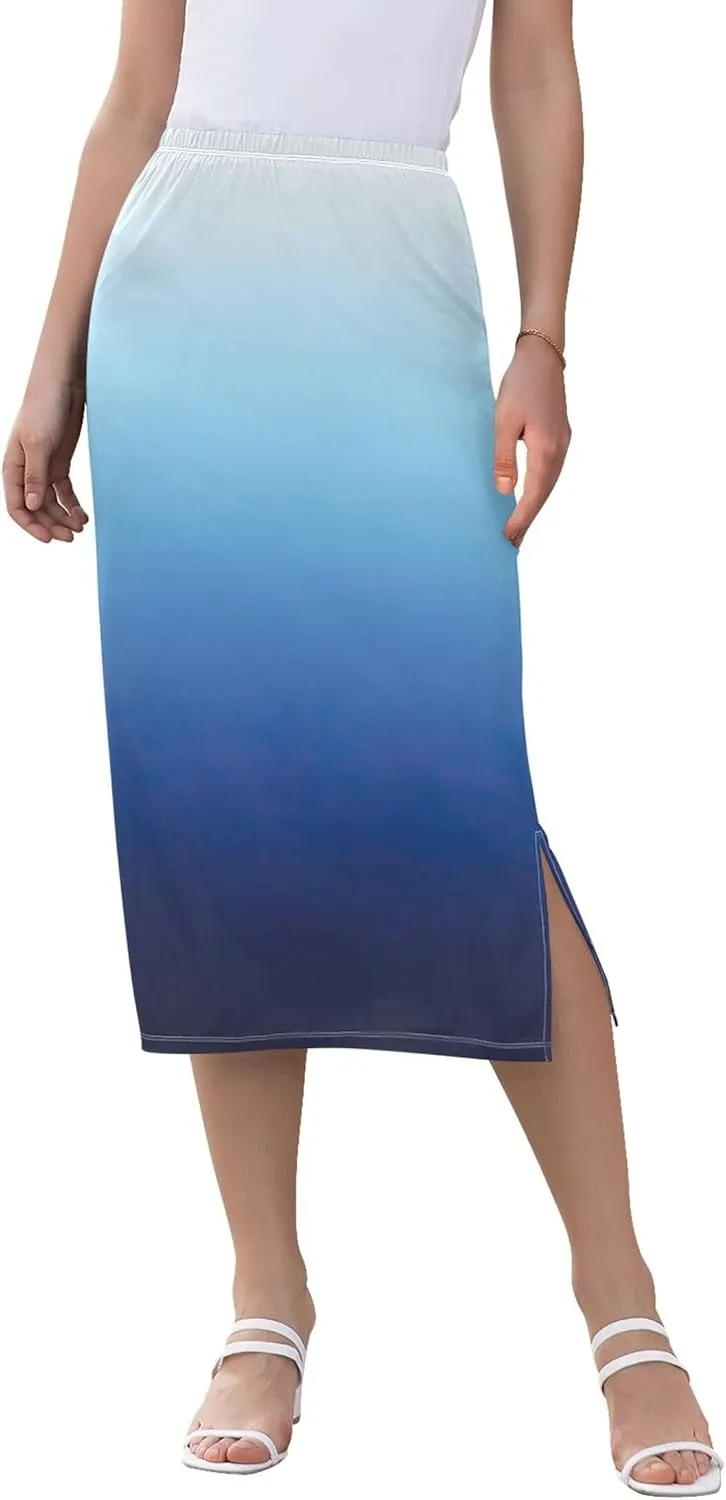 Ombre Blue Midi Skirt Slit Womens Floral Mid Calf Skirt High Waist Stretch Summer Skirt S