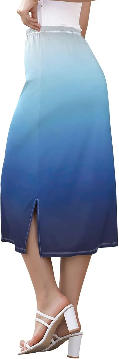 Ombre Blue Midi Skirt Slit Womens Floral Mid Calf Skirt High Waist Stretch Summer Skirt S