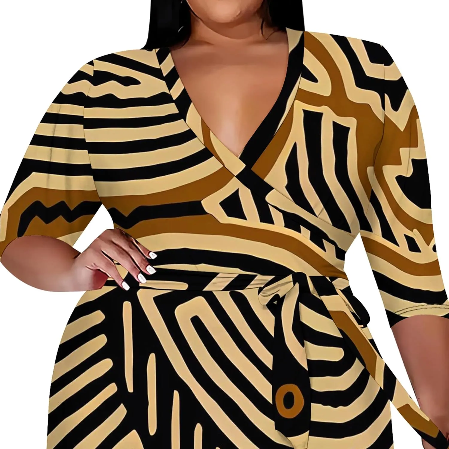 Plus Size Dress for Women Flowy 3/4 Sleeve V Neck Printing Midi Dresses Sexy Wrap Cocktail Party Dress Empire Waist with Belt