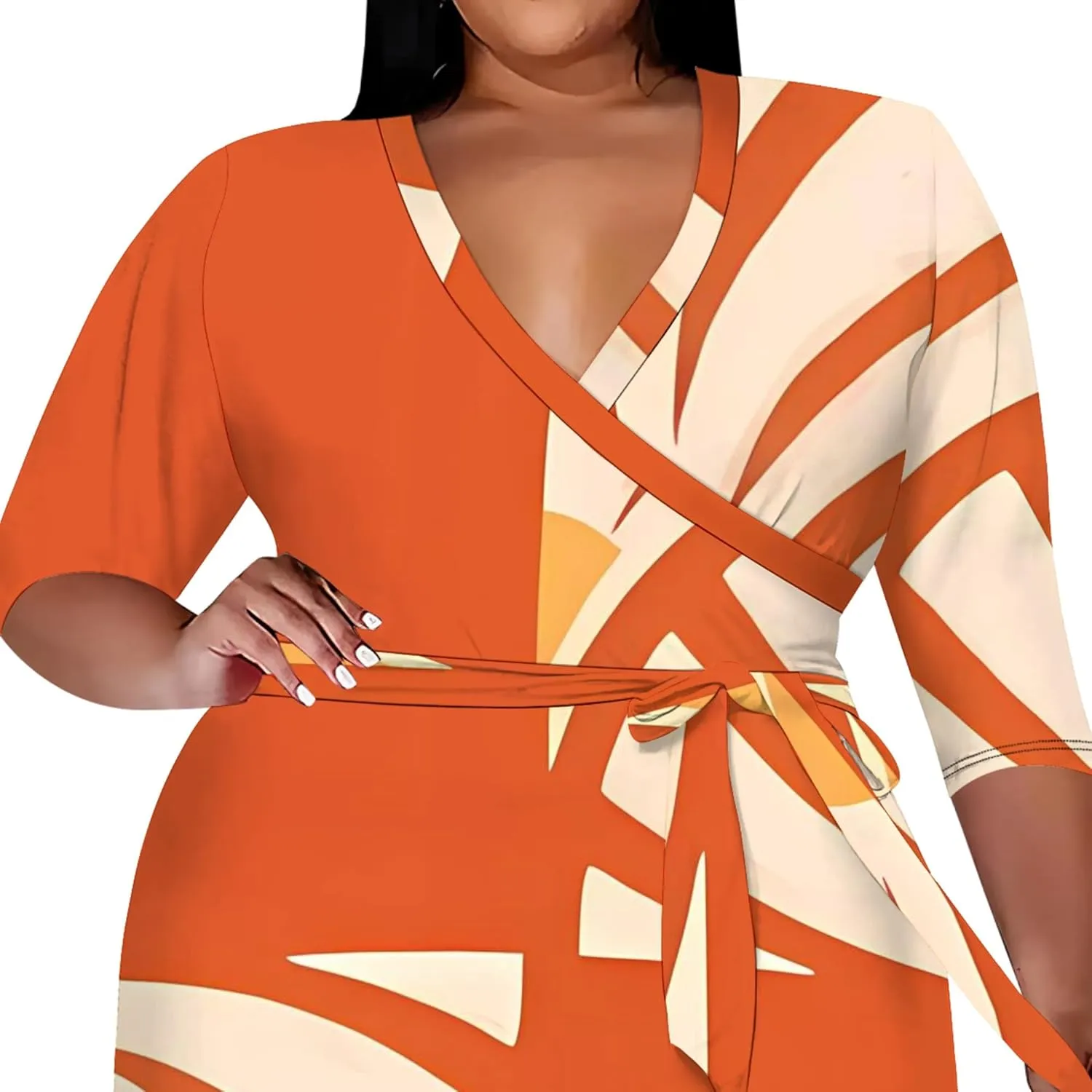 Plus Size Dress for Women Flowy 3/4 Sleeve V Neck Printing Midi Dresses Sexy Wrap Cocktail Party Dress Empire Waist with Belt