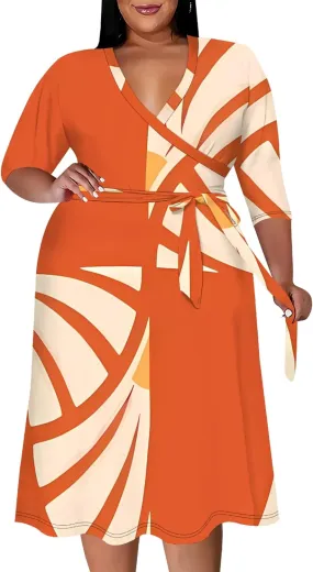 Plus Size Dress for Women Flowy 3/4 Sleeve V Neck Printing Midi Dresses Sexy Wrap Cocktail Party Dress Empire Waist with Belt