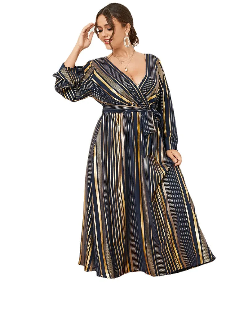 Plus Size Striped Belt Design Crossed Front Design Long Sleeves Dress