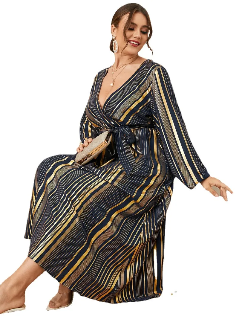 Plus Size Striped Belt Design Crossed Front Design Long Sleeves Dress