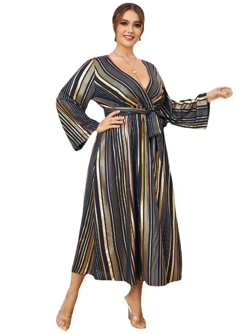 Plus Size Striped Belt Design Crossed Front Design Long Sleeves Dress