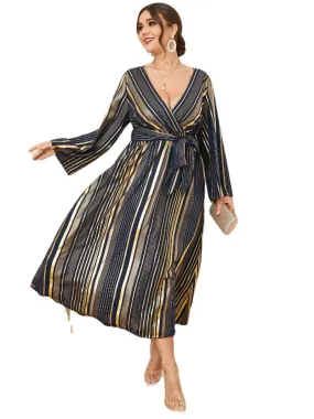 Plus Size Striped Belt Design Crossed Front Design Long Sleeves Dress