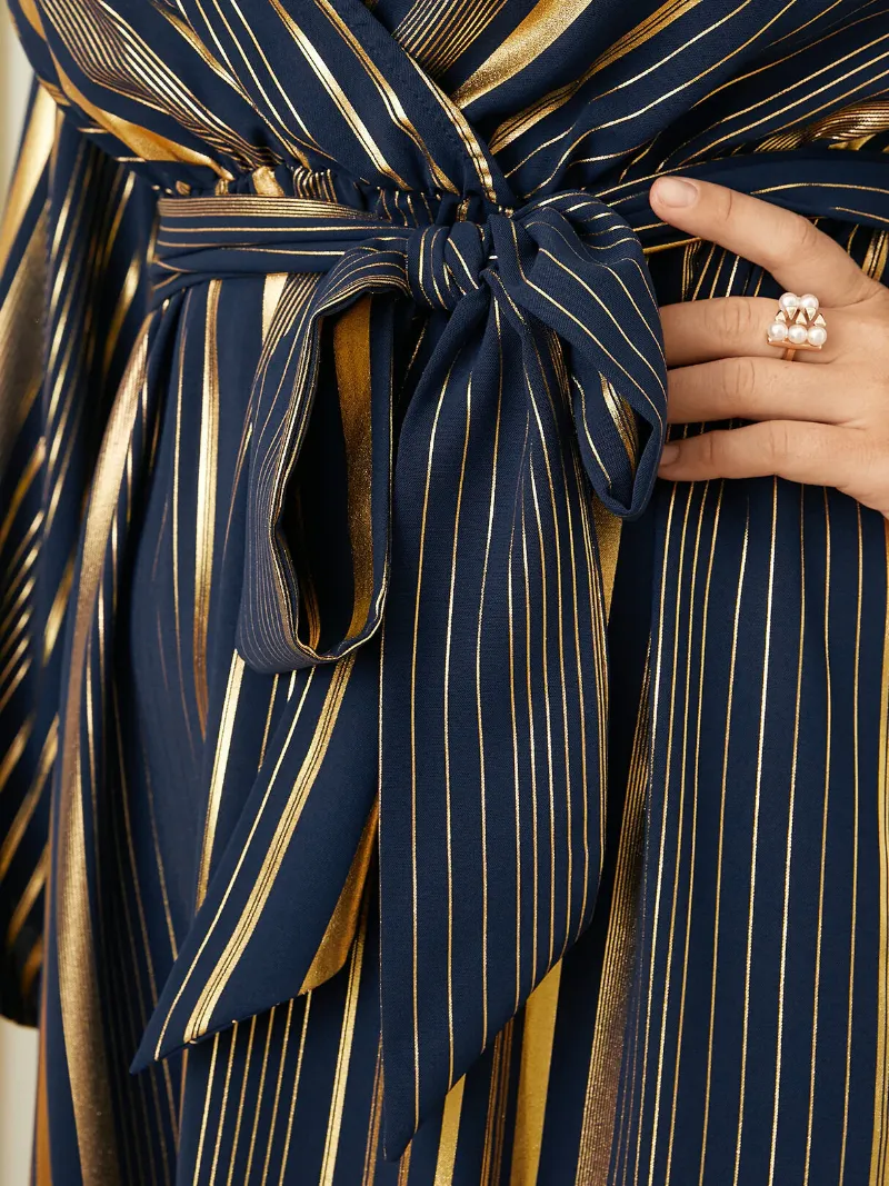 Plus Size Striped Belt Design Crossed Front Design Long Sleeves Dress