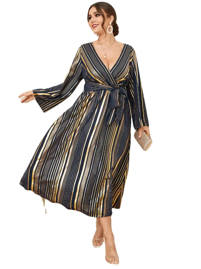 Plus Size Striped Belt Design Crossed Front Design Long Sleeves Dress