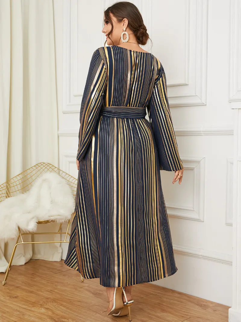 Plus Size Striped Belt Design Crossed Front Design Long Sleeves Dress