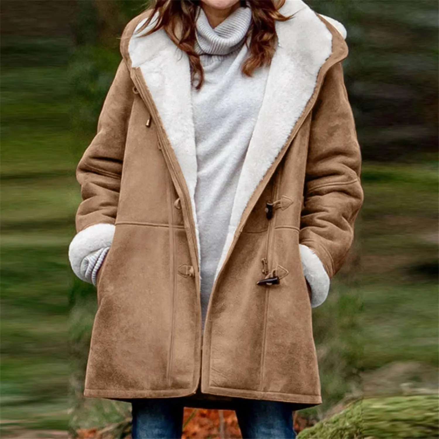 Plus Size Winter Coat for Women Heavy Warm Sherpa Fleece Lined Distressed Overcoat Parka Faux Suede Hoodies Pea Coat