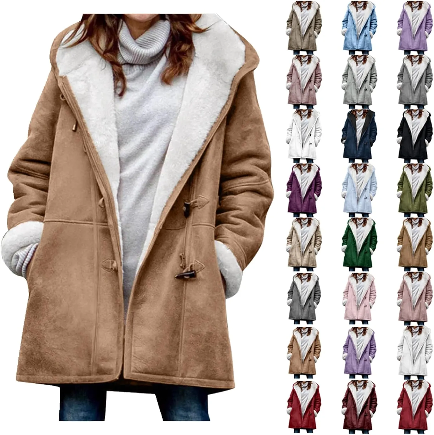 Plus Size Winter Coat for Women Heavy Warm Sherpa Fleece Lined Distressed Overcoat Parka Faux Suede Hoodies Pea Coat