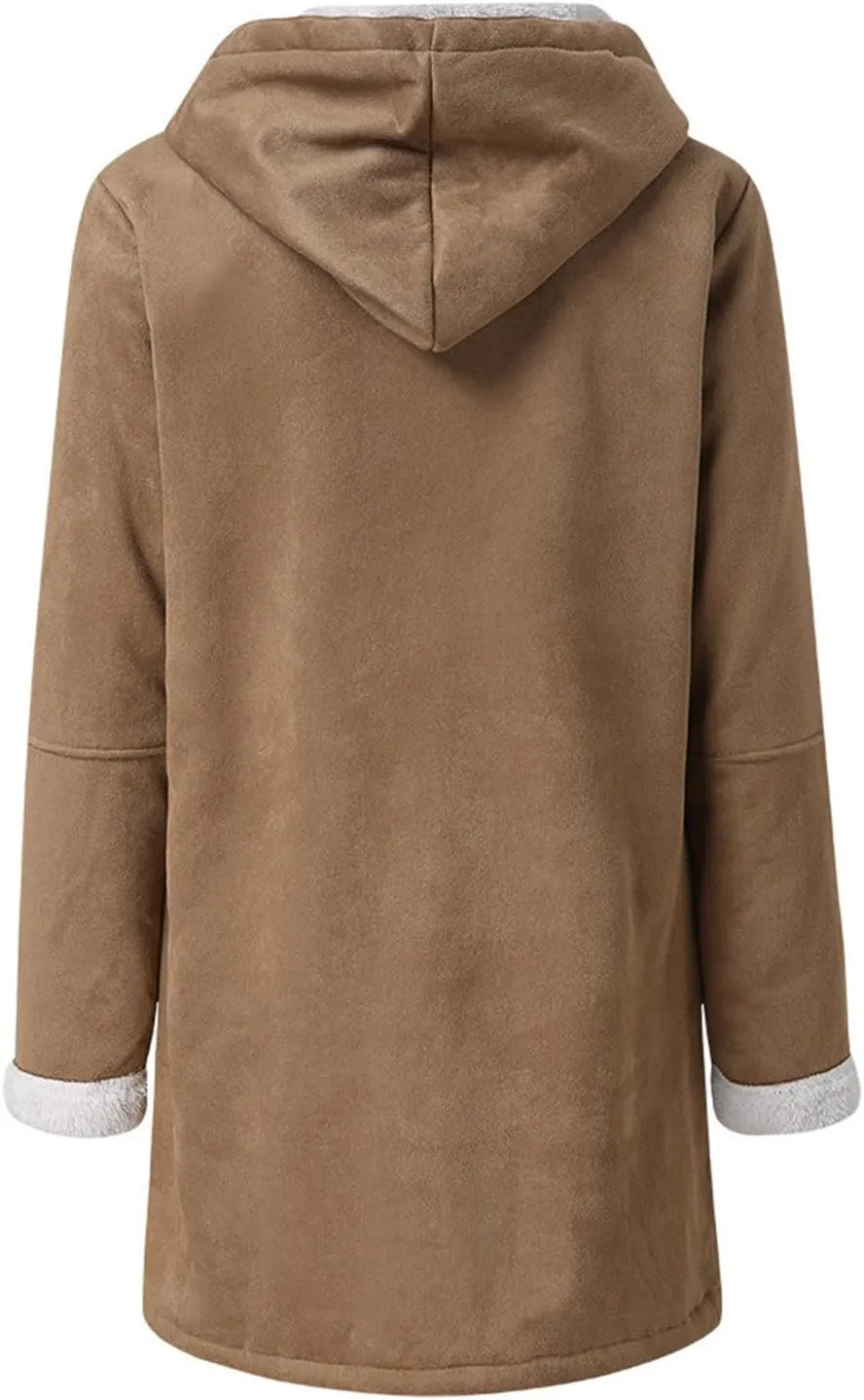 Plus Size Winter Coat for Women Heavy Warm Sherpa Fleece Lined Distressed Overcoat Parka Faux Suede Hoodies Pea Coat