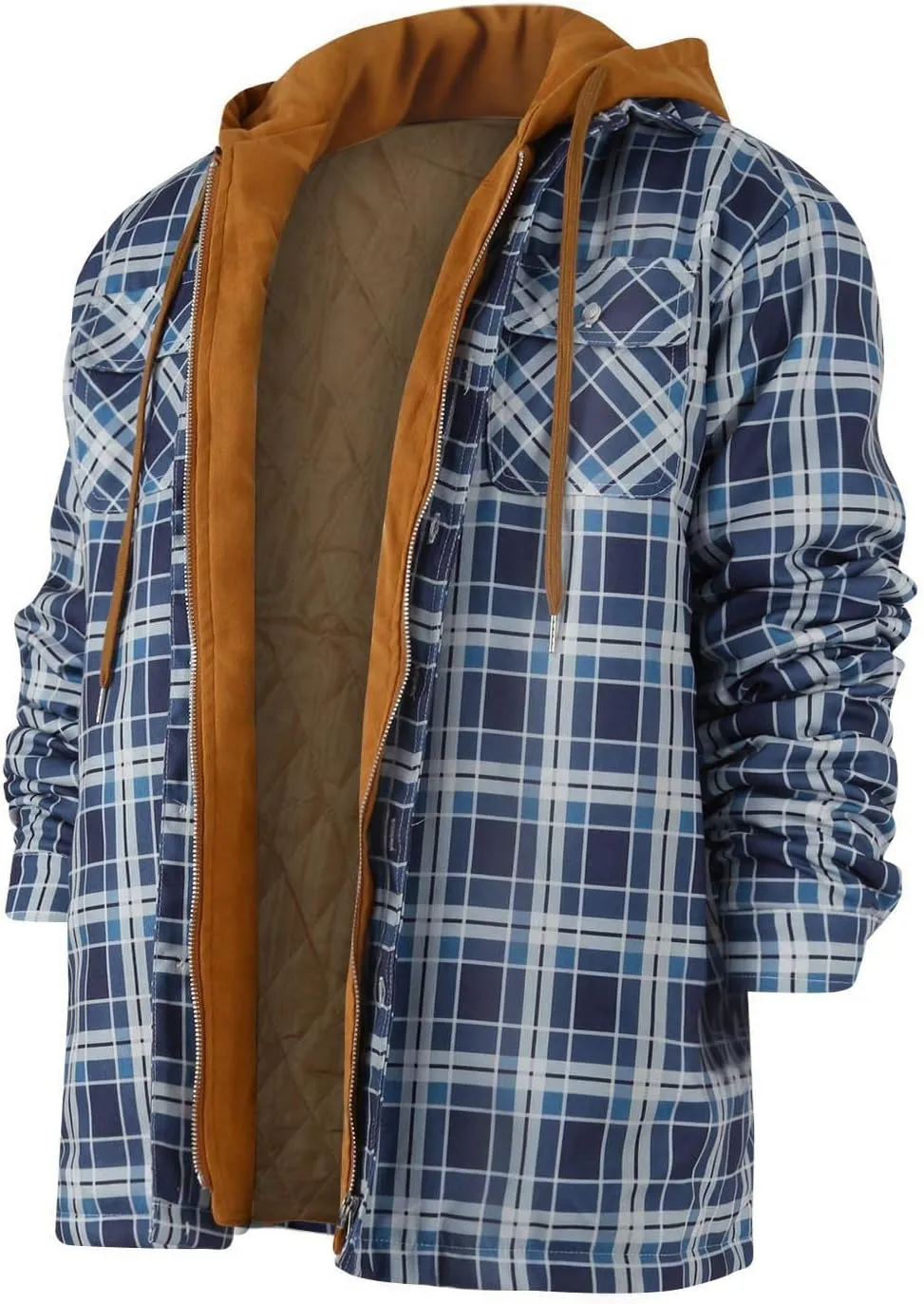 RTRDE Men's Jackets Long Sleeve Quilted Lined Shirt Jacket Zip Up Coat Outwear With Hood Jacket, M-5XL