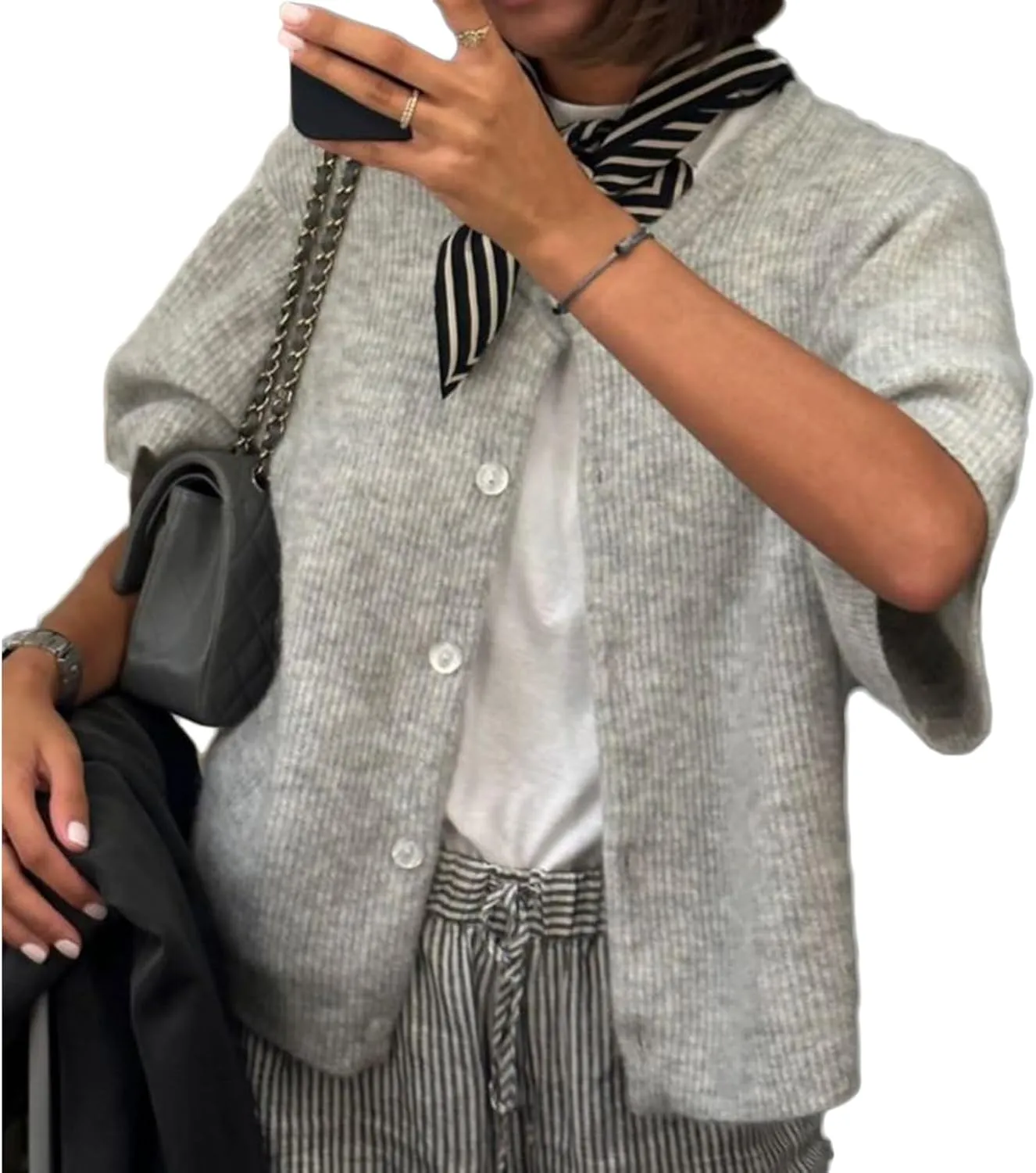 RUEWEY Women's Knitted Button Down Cardigan Short Sleeve Crew Neck Relaxed Sweater Going Out Knit Tops