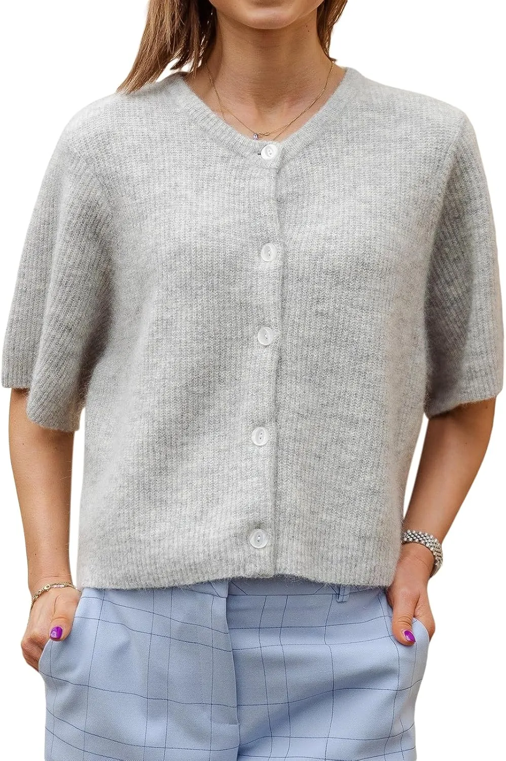 RUEWEY Women's Knitted Button Down Cardigan Short Sleeve Crew Neck Relaxed Sweater Going Out Knit Tops