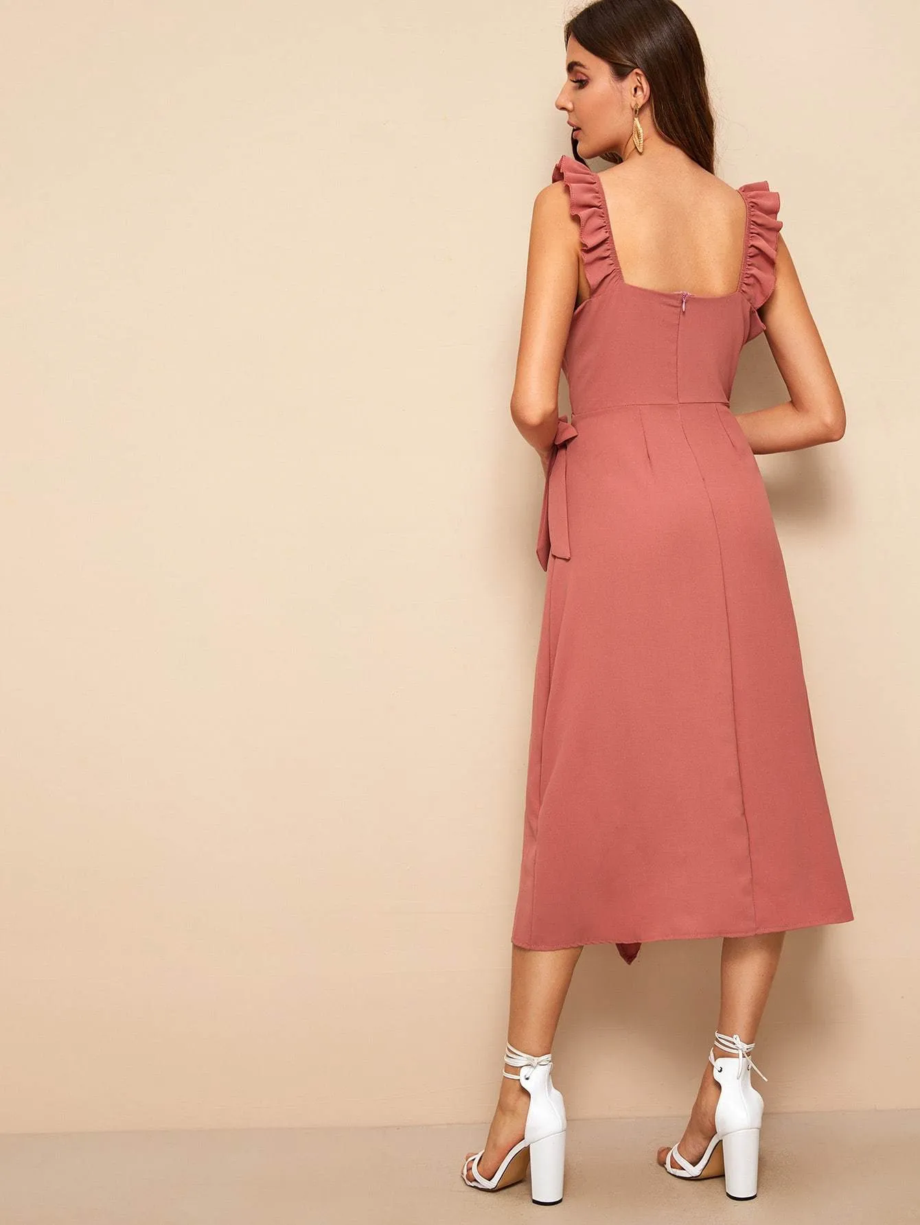 Ruffle Trim Knot Side Wrap Cami Dress
