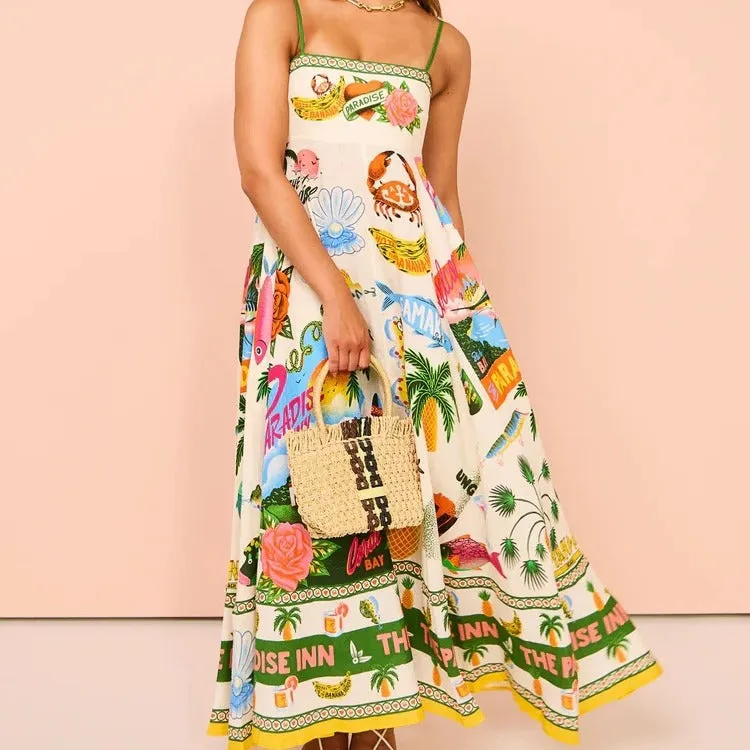 Sexy Halter Graffiti Cotton Linen Printed Hem Dress Wholesale Womens Clothing N3824040700321