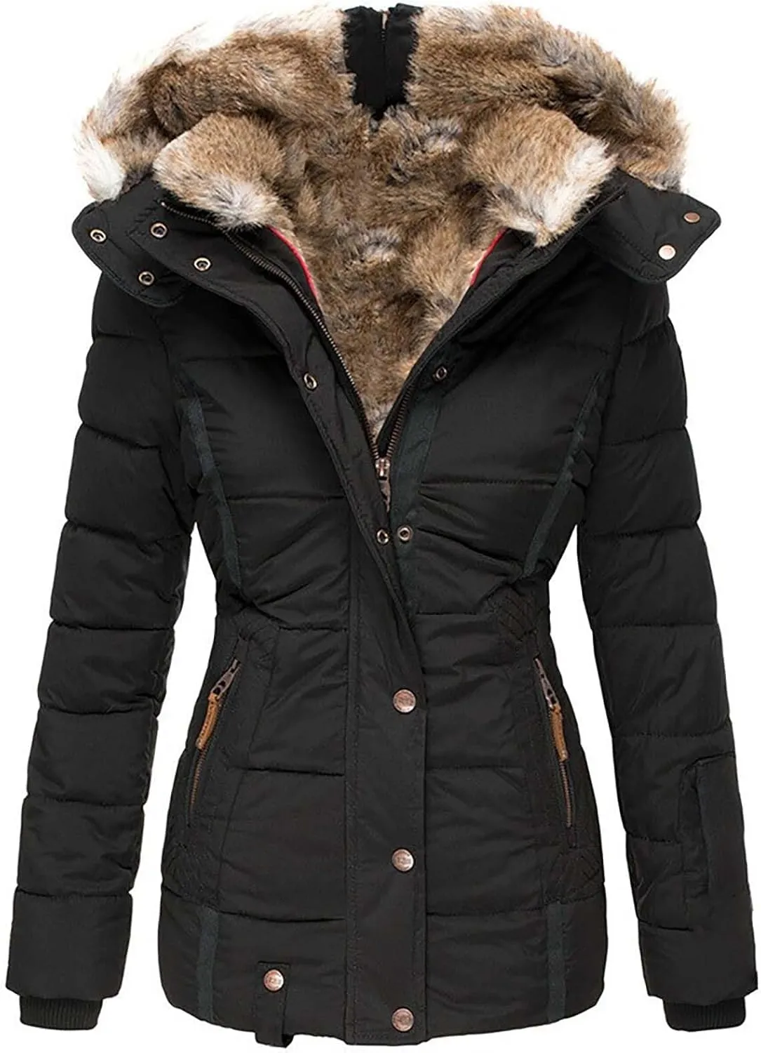 SHAOBGE Girl Down Jacket Women's Warm Woolen Collar Cotton Jacket with Zipper Long Sleeved Slim Fitting Hooded Women's