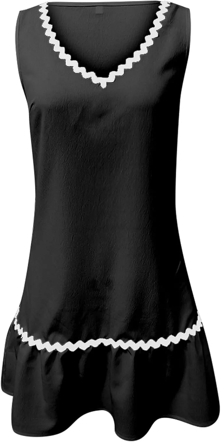 Short Dress for Women Retro Sleeveless V Neck A Line Sundress Loose Wedding Summer Beach Vacation Clothes
