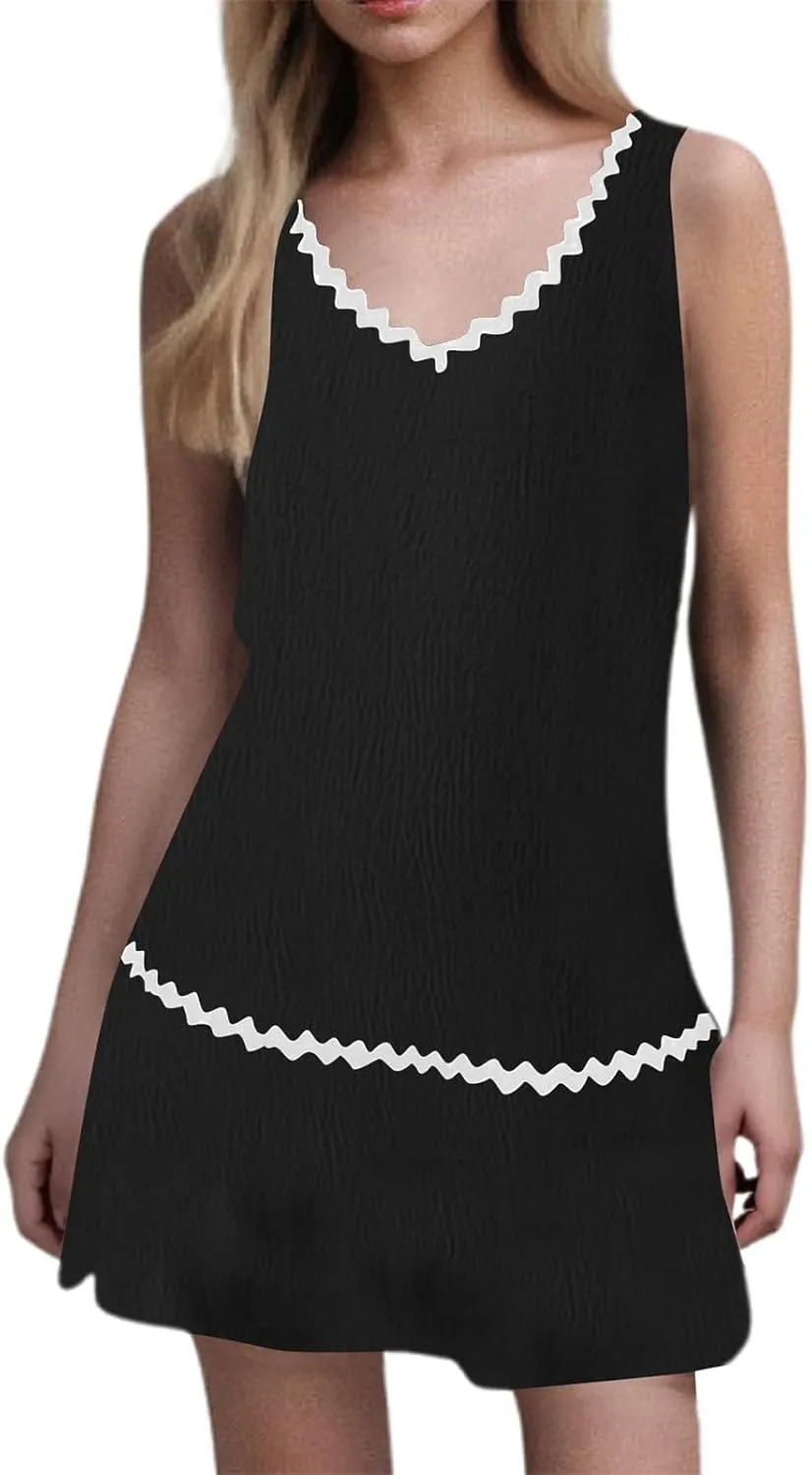 Short Dress for Women Retro Sleeveless V Neck A Line Sundress Loose Wedding Summer Beach Vacation Clothes