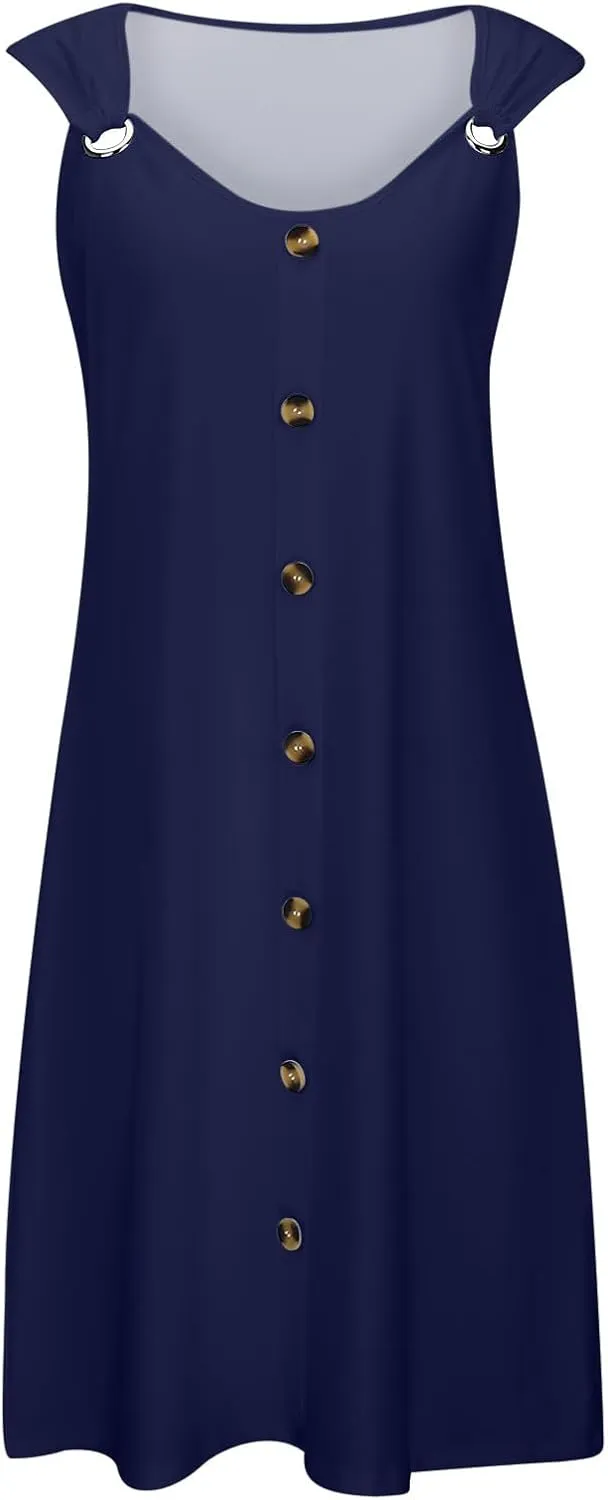 Short Summer Dresses for Women Boho Classy Button Down Sleeveless Sexy Dress with Pockets 1950S Evening Party Beachy Outfits