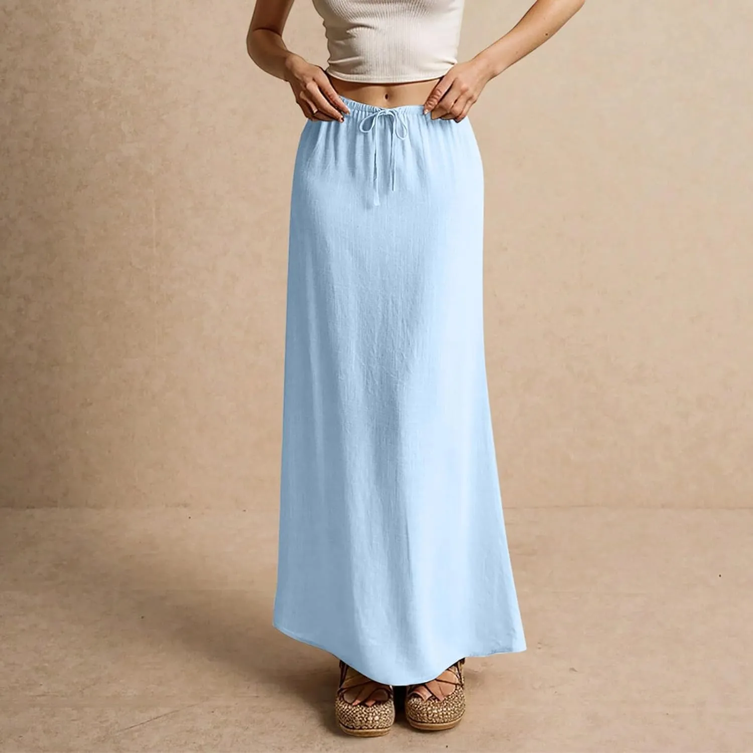 Skirt for Women Comfy Drawstring Low Rise Long Flowy Skirts Plus Size Womens Linen Maxi Skirt with Slit Summer
