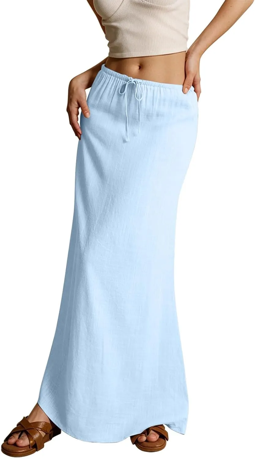 Skirt for Women Comfy Drawstring Low Rise Long Flowy Skirts Plus Size Womens Linen Maxi Skirt with Slit Summer