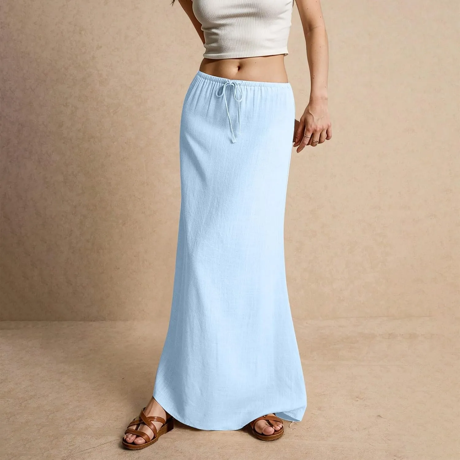 Skirt for Women Comfy Drawstring Low Rise Long Flowy Skirts Plus Size Womens Linen Maxi Skirt with Slit Summer