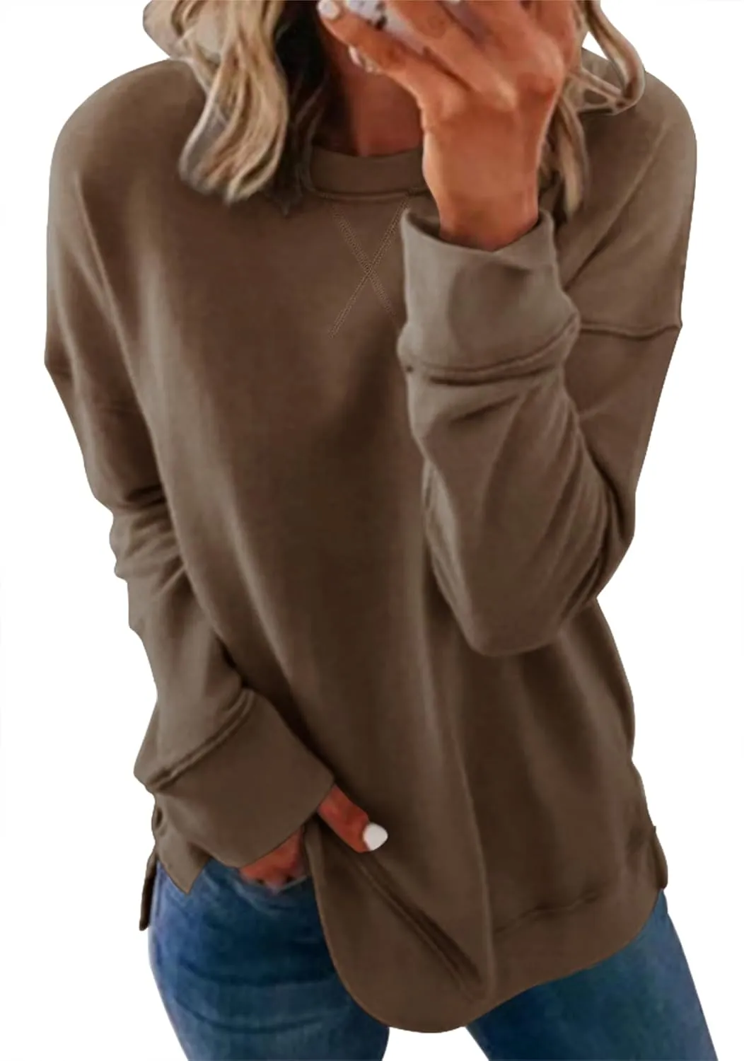 Smile Fish Women's Crewneck Sweatshirt Long Sleeve Side Split Tunic Tops Relaxed Fit Fall Shirts