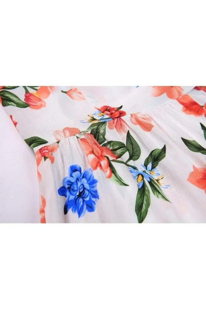 Soft White with Red and Blue Flower Ruffle Sleeve Wrap Top