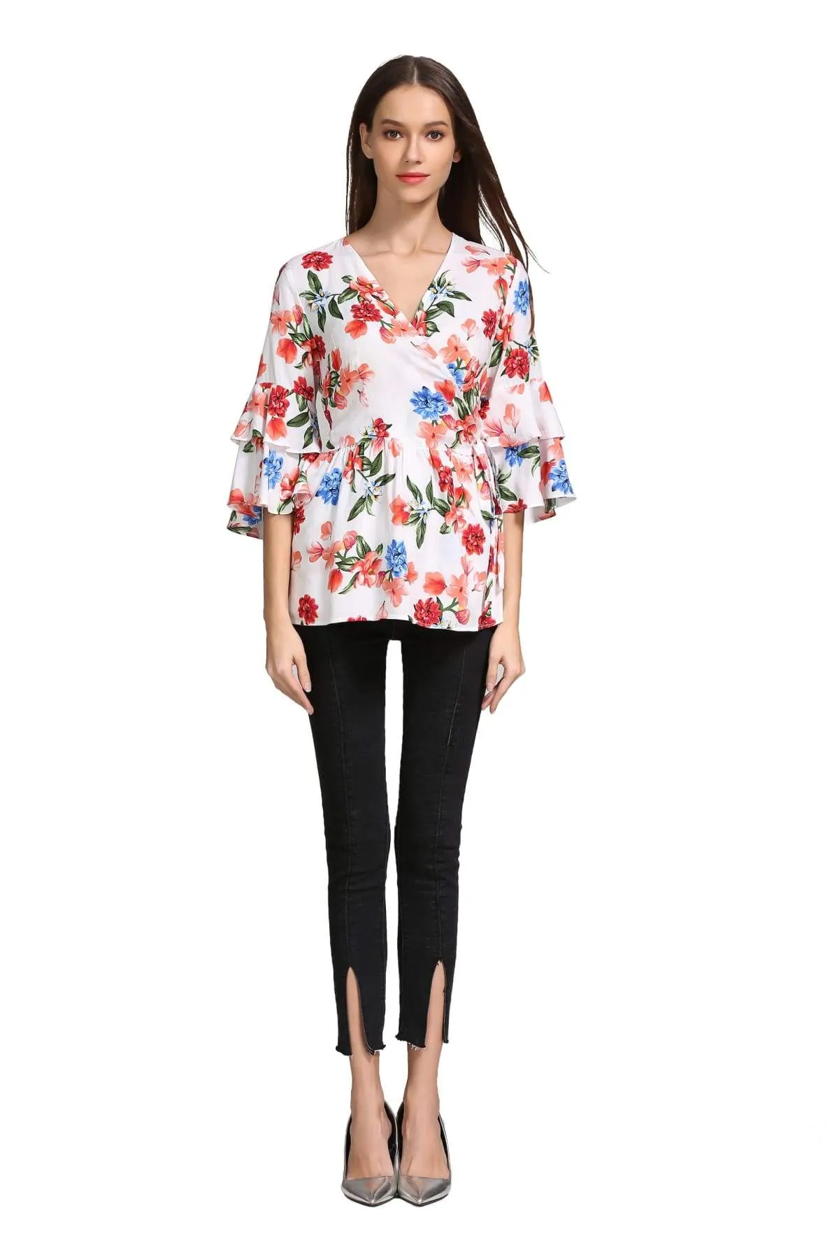 Soft White with Red and Blue Flower Ruffle Sleeve Wrap Top