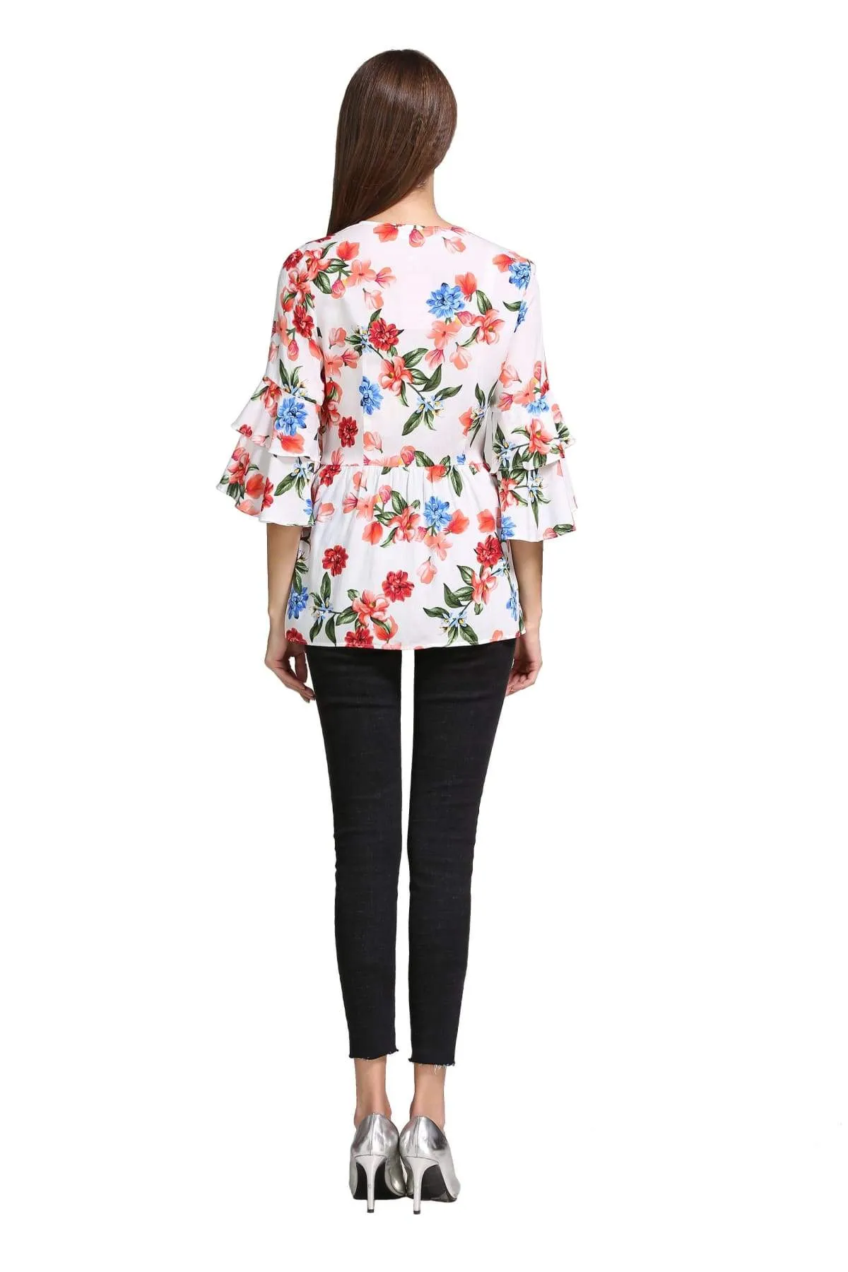 Soft White with Red and Blue Flower Ruffle Sleeve Wrap Top