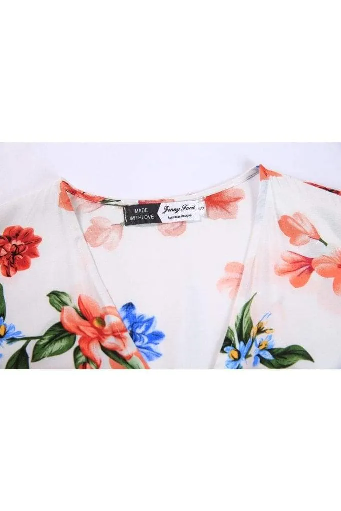 Soft White with Red and Blue Flower Ruffle Sleeve Wrap Top